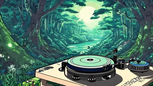 Prompt: DJ turntable in the middle of a forest in the artstyle of studio ghibli
