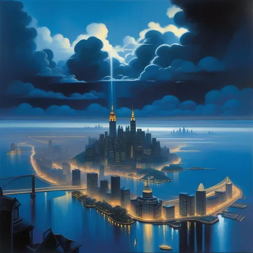 Prompt: Aerial view of Gotham City, islands, skyscrapers, rain, fog, dark blue atmosphere, cartoony style, extremely detailed painting by Greg Rutkowski and by Henry Justice Ford and by Steve Henderson