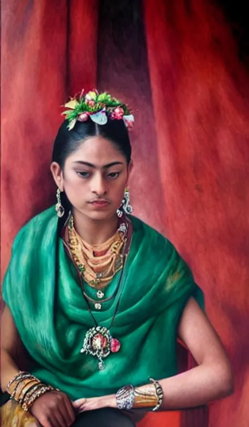 Prompt: oil painting close up portrait, exquisite  art work, aztec  girl, profile view, expressive face, captivating piercing  eyes,  delicate detailed head dress  with flowers, sepia and gold shimmer,  volumetric lighting, by Frieda Kahlo & Renoir , painstaking attention to detail, extremely detailed,  high definition, hdr,  award winning,  8k, masterpiece, dreamlike, fabulous, overwhelming, luscious, wonderful, amazing, breathtaking, charming, very stylish, appealing, fascinating, dreamy, astonishing, polished, gorgeous, splendid, tantalizing, delightful, graceful, mesmeric, captivating, very pretty, alluring, eye-catching, very refined, divine, trendy, magnificent, perfect face