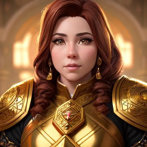 Prompt: "Portrait of a female gold dwarf cleric with short fiery brown hair, short, stocky body, #3238, UHD, hd , 8k eyes, detailed face,  8k eyes, intricate details, insanely detailed, masterpiece, cinematic lighting, 8k, complementary colors, golden ratio, octane render, volumetric lighting, unreal 5, artwork, concept art, cover, top model, light on hair colorful glamourous hyperdetailed medieval city background, intricate hyperdetailed breathtaking colorful glamorous scenic view landscape, ultra-fine details, hyper-focused, deep colors, dramatic lighting, ambient lighting god rays, flowers, garden | by sakimi chan, artgerm, wlop, pixiv, tumblr, instagram, deviantart