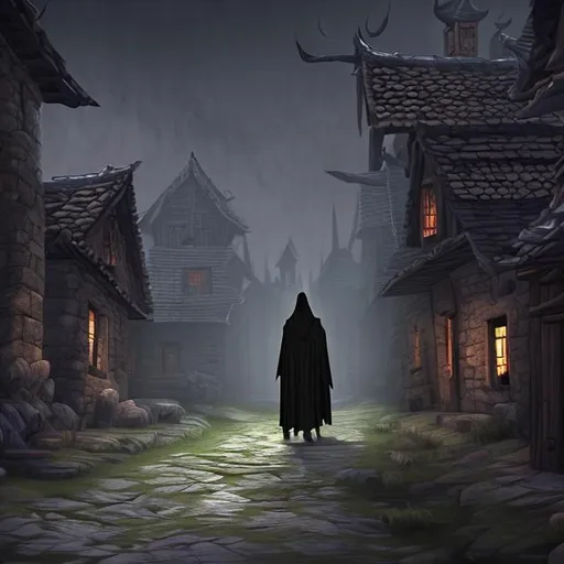 Prompt: Tall cloaked demon in a dark village