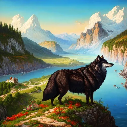 Prompt: (masterpiece, oil painting, artstation, best quality:1.5), insanely beautiful wolf with (billowing black coat), Casanova, white chin, bushy mane, growling, on a cliffside, overlooking abandoned village, overlooking river, beautifully detailed eyes, silver fur highlights, finely detailed, highly detailed face, vivid burnt sienna eyes, beautifully defined detailed legs, beautifully detailed deep shading, dynamic, depth, highly Detailed body, highly detailed pastel pink clouds, full body focus, beautifully detailed sky, cinematic, bold, energetic, youthful, 64K, UHD, unreal engine, high octane render, professional, Yuino Chiri