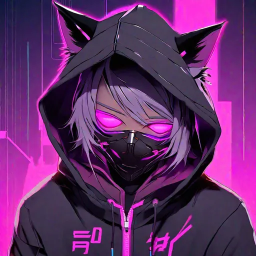 Prompt: Cyberpunk anime boy cat mask hoodie. The cat mask had pinkish purpleish eyes
cyberpunk 2099 blade runner 2049 neon
