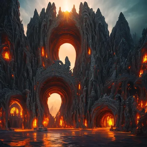 Prompt: (Masterpiece, top quality, best quality, official art, beautiful and aesthetic:1.2), gateway to hell, ultra detailed, intricate, (epic composition, epic proportion), volumetric lighting, warm color, award winning, photography,