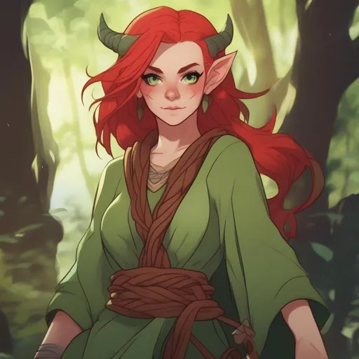 Prompt: dnd a cute green female demon with braided red hair wearing brown robes in a sunny forest