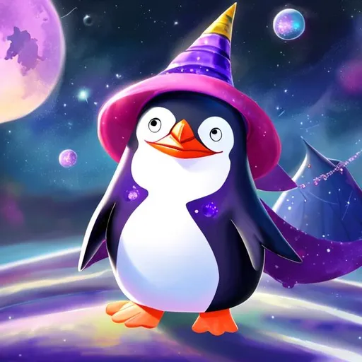 Prompt: A cartoon ruby  penguin with a big purple witch hat in outer space. Penguin has big cute sapphire eyes.