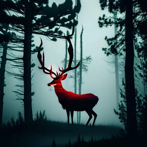Prompt: red mystical deer in a sinister dark forest with a lot of fog masking the deer