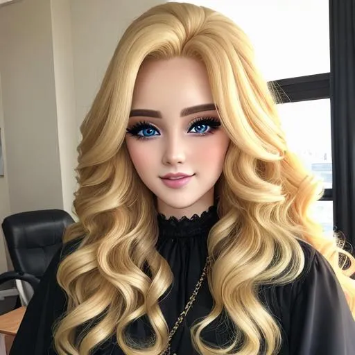 Prompt: A beautiful woman dressed in black, long  blonde very curly hair, facial closeup