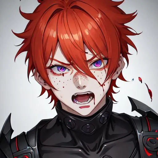 Prompt: Erikku male adult (short ginger hair, freckles, right eye blue left eye purple) UHD, 8K, Highly detailed, insane detail, best quality, high quality, covered in blood, covering his face with his hand, wide eyes, insane, fear, threatening, laughing, angry, fighting, psychopathic, anime style,