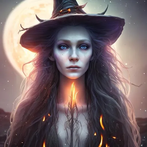 Prompt: Portrait of a beautiful witch enchantress with glowing skin, pale as ivory, and long flame-red hair. He has a beautiful and mystical face, proud expression, looks into the camera. Moonlight, vivid, fantasy, photorealistic, 8k, beautiful young woman