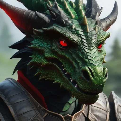 Prompt: A face shot of a beautiful green and black dragonborn, with a bright red scar on the right eye, perfect composition, hyperrealistic, super detailed, 8k, high quality, trending art, trending on artstation, sharp focus, studio photo, intricate details, highly detailed, by Greg Rutkowski, illustration, watercolor
