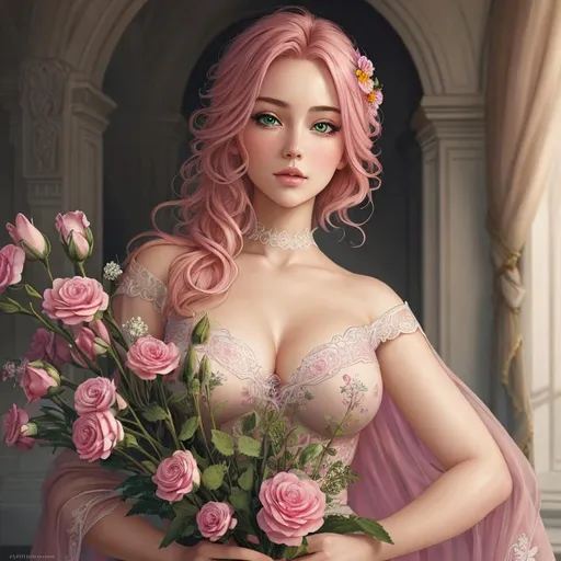 Prompt: Masterpiece, illustration, best quality:1.2), 1girl, solo, pink hair, dignfied, finely detailed, detailed face, toned face, beautiful detailed eyes, beautiful detailed shading, beautifully detailed background, green eyes, flowers everywhere, flower inspired,