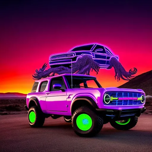 A kraken with a crown driving A neon purple 2023 for