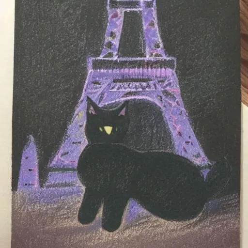 Prompt: Sweet back of black cat sitting in front of eiffel tower, illustrated, pastels