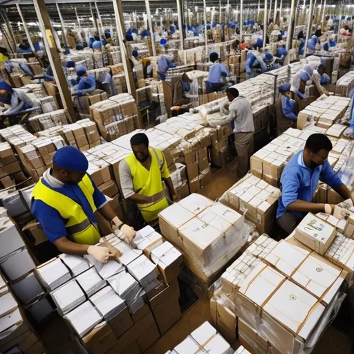 Prompt: "A picture of workers packaging goods with Babel Wraps branded with Ariobar Hack."




