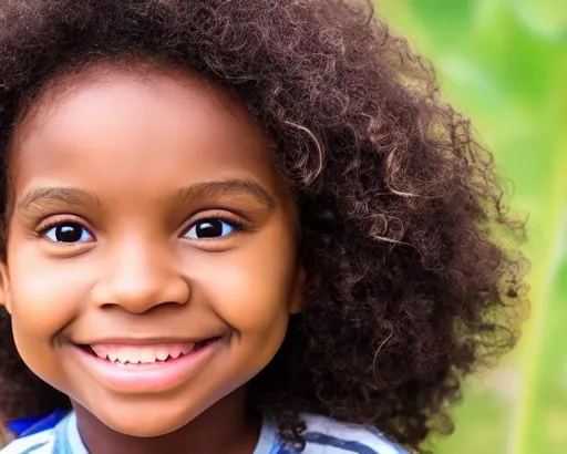 Prompt: 
Face of a {child}, smiling soft smooth skin, dreamy eyes, beautiful curly hair, soft small eyes, oval face, dark black skin, digital real face, looking at camera