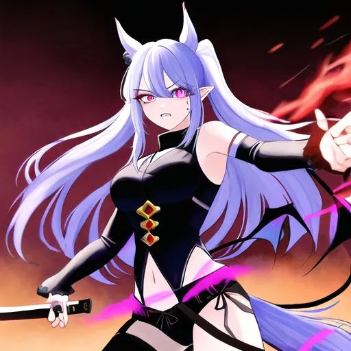 Prompt: Haley  as a demon (multi-color hair) (multi-color eyes)(she has horse ears) holding a katana, fighting, in a gunfight, bullets flying, fighting in a rural area, angry, (demon tail), (demon wings), lunging at the center, flying in the air