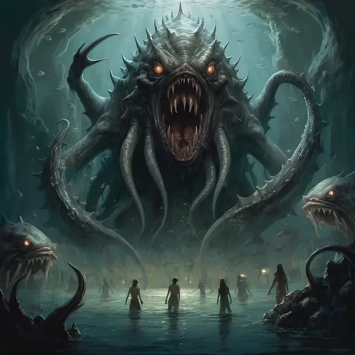 Prompt: Dagon surrounded by the Deep Ones