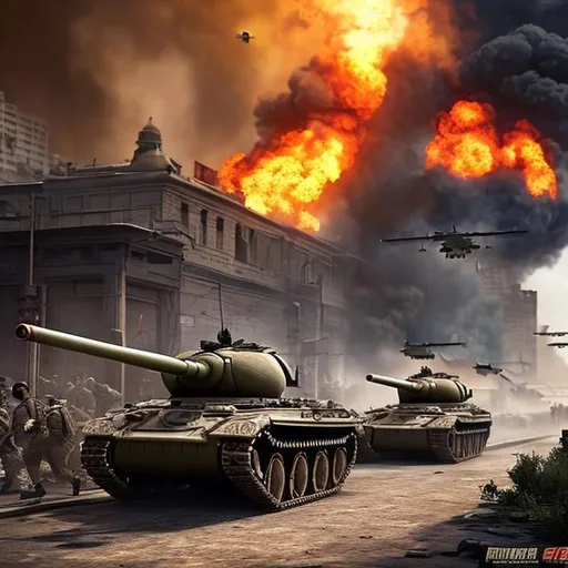 Prompt:  Thousand soldier running with rifle and in city and in 1940s and bomber bomb the city, realistic and with destroyed tank 
