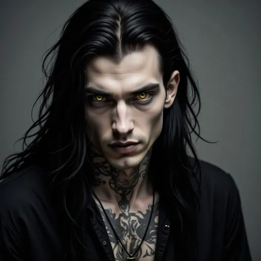 Prompt: a young, handsome, masculine guy with long, dark hair, piercings in his nose, eyebrow and ears and tattoos, wearing black