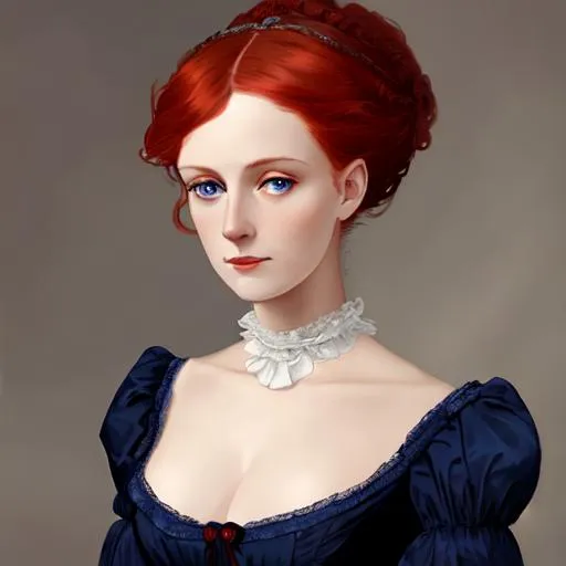 Prompt: portrait of a beautiful Victorian woman with red hair and dark blue eyes wearing a dark blue gown