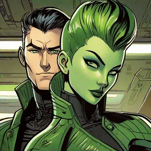 Prompt: A male scifi pilot with very short slicked back brown pompadour undercut hair and shaved sides, futiristic fully dark entirely jet black leather jacket. green eyes, hugging A green skinned scifi green female, woman with green skin, short black bob hair, uniform. she has green skin. well drawn green face. detailed. green girl, the femme is green, mujer has green skin, green character, green race, detailed. her skin is green, her skin colour is green, star wars art. 2d art. 2d, 