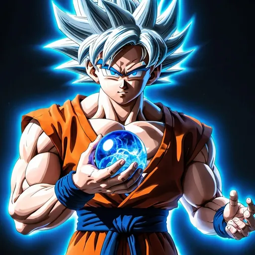 Prompt: goku from dragon ball z in ultra instinct with a pure blue energy ball in hand