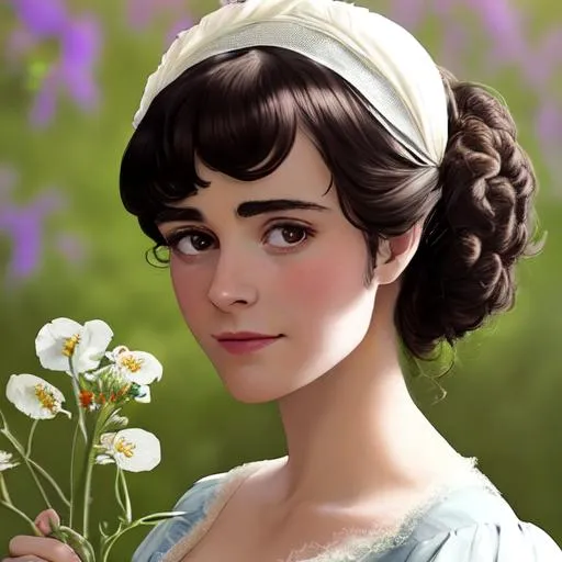 Prompt: Elizabeth Bennet from Pride and Prejudice, Elegant, 18th century white  ball dress, elegant dark hair, brown eyes, 21 year old, beautiful girl with a background of wildflowers, closeup