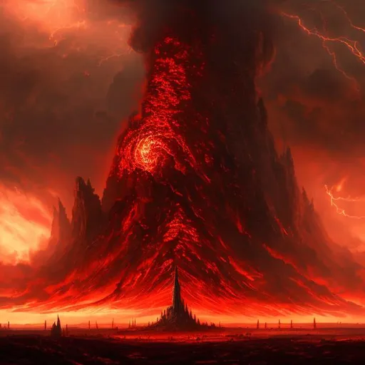 Prompt: An epic and realistic depiction of a massive black tower standing on a desolate wasteland, with a pillar of red energy ascending into a massive storm.