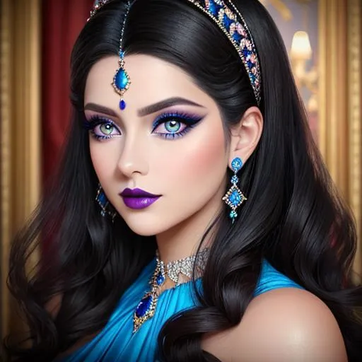 Prompt: a realistic feminine elegant princess ,  dark hair, large eyes, wearing jewls in her hair,  beautiful makeup, blue eyeshadow, dark pink lipstick, facial closeup