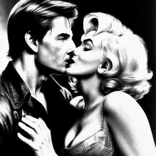 Prompt: Tom cruise kissing Marilyn Monroe in a romantic background. 