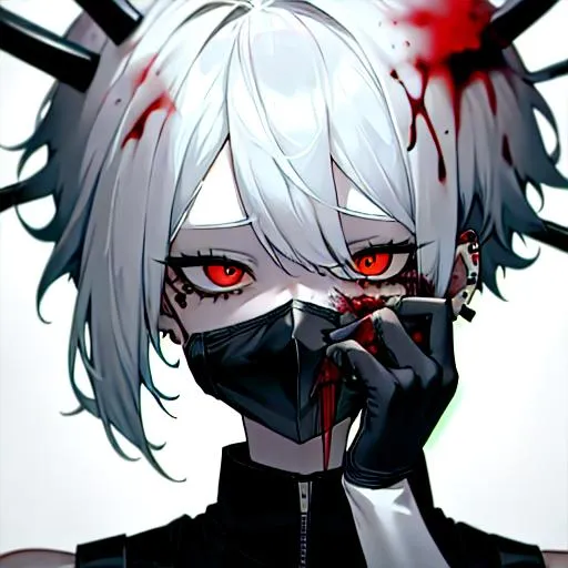 Prompt: (short white hair) 8k, UHD, close up, wearing a full face mask that covers his face and eyes, holding a knife up to his face, covered in blood, insanity, black earrings