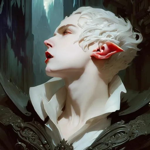 Prompt: Splash art portrait of male vampire, elf, androgynous, white short haired man with short wavy white hair, victorian dark clothes, elegant, highly detailed, intricate, smooth, sharp focus, artstation, digital painting, concept art, art by greg rutkowski, alphonse mucha and John William Waterhouse