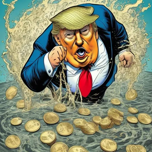 Prompt: Swirling the drain, Obese, Trump swimming in gold coins and green dollar notes, too long red tie, navy blue suit, Dagobert Duck Safe scene,  Sergio Aragonés MAD Magazine style 
