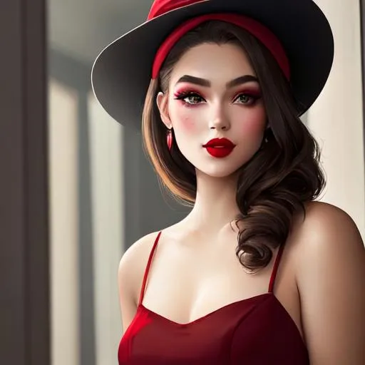 Prompt: a pretty girl wearing a red hat, wearing beautiful makeup, smokey eyeshadow, rosy cheeks and red lipstick