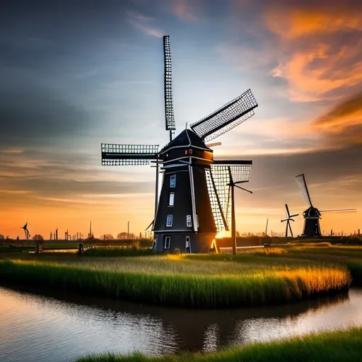 Prompt: Holland, Netherlands, wind mill, sunset, water, nature.
