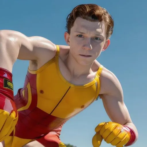 Prompt: Tom Holland, wearing only a yellow speedo, red latex gloves on his hands