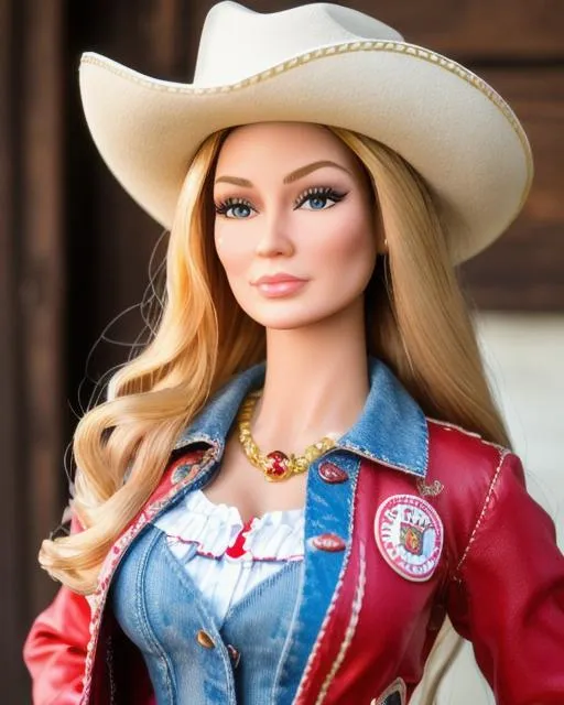 Prompt: a highly detailed portrait photograph of a beautiful cowgirl barbie doll, mix of lucy liu and susan sarandon and dolly parton, wavy hair, segmented model, mattel barbie aesthetic, made of plastic, segmented silicone doll, wearing a denim jacket, rustic western clothes, designer jeans, revolver holster, sheer cotton, crimson accent, push up blouse, ultra detailed, detailed plastic skin, studio lighting, f2 24mm