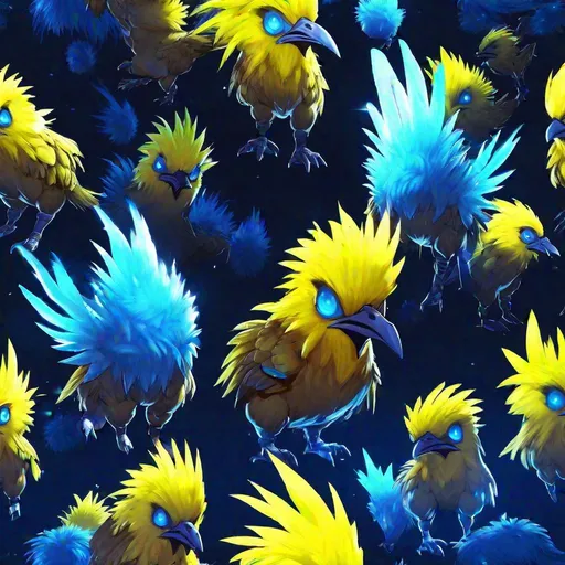 Prompt: Chocobo, sky-blue feathers, simple blue eyes, neon yellow glowing spikes surrounding them, floating around looking like a virus, Masterpiece, Best Quality