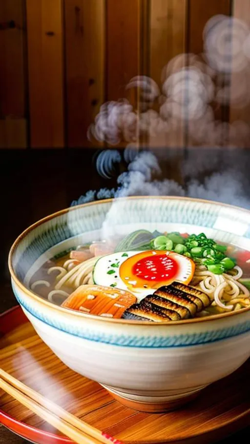 Prompt: A large steaming bowl of Tokyo style ramen topped with various Japanese ingredients. Detailed porcelain bowl, wooden chopsticks, 4K, UHD Digital photograph, detailed ingredients, restaurant lighting, 