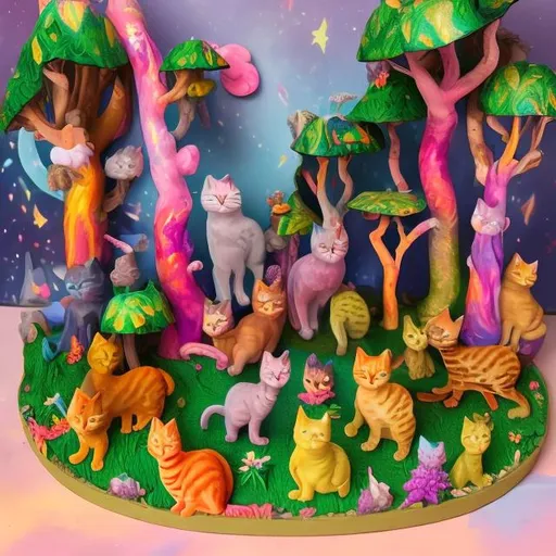 Prompt: Lisa frank style of cat forest diorama