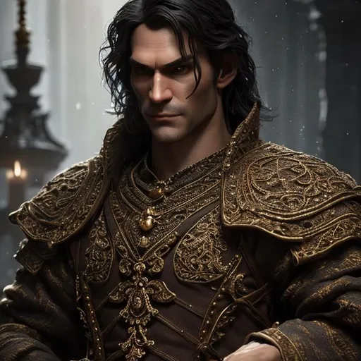Prompt: #Vasa# character, {highly detailed and 8K} a man with a long and gaunt face, he has grimy black hair and large crazy eyes and a creepy smirk,
{clothes} medieval linen clothes,
intricate, elegant, highly detailed, digital painting, artstation, concept art, smooth, sharp focus, illustration, art by artgerm and greg rutkowski and alphonse mucha, 8k,