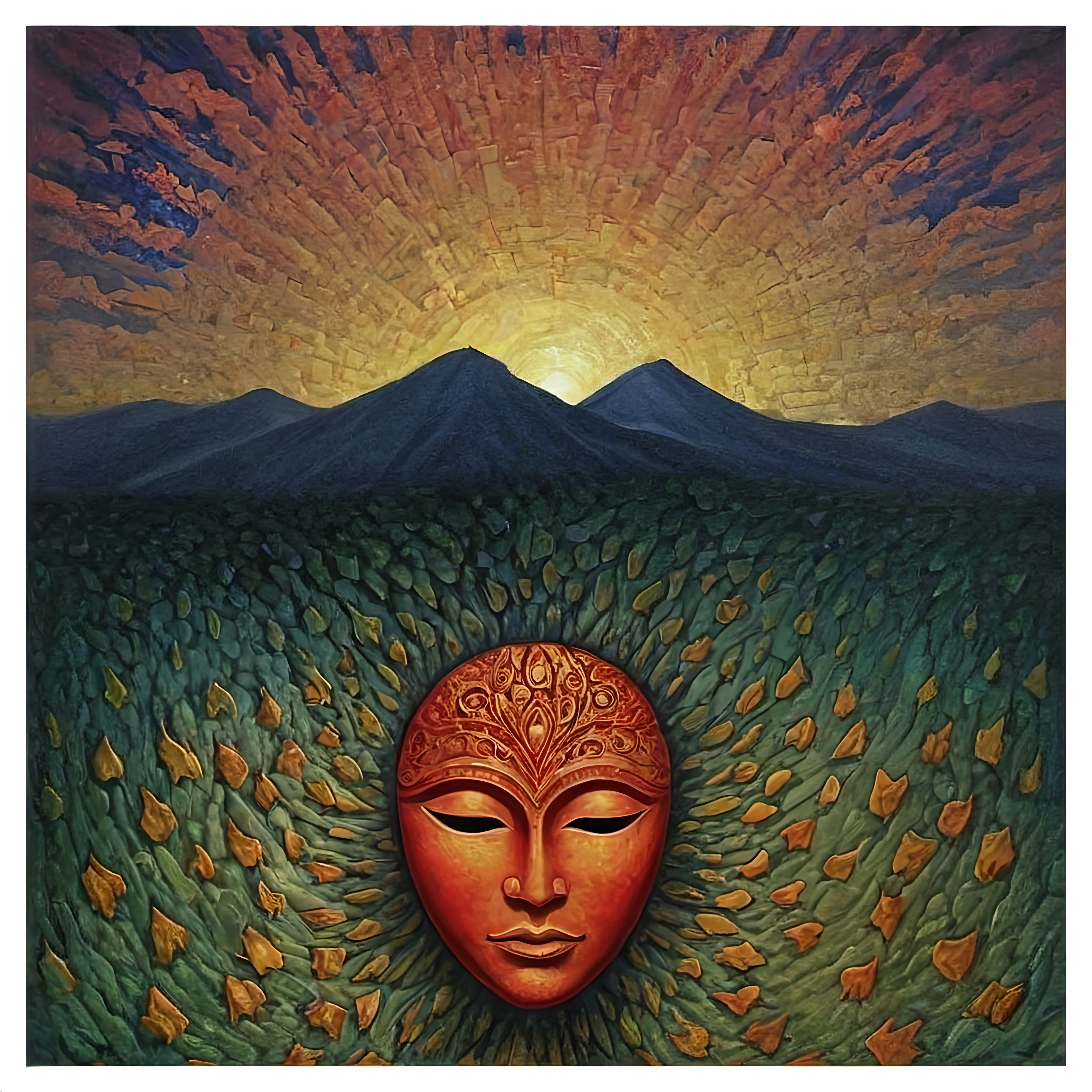Prompt: a painting of a face with a mountain in the background and a sun in the sky above it with a mountain range in the background,  metaphysical painting, sun, an oil on canvas painting