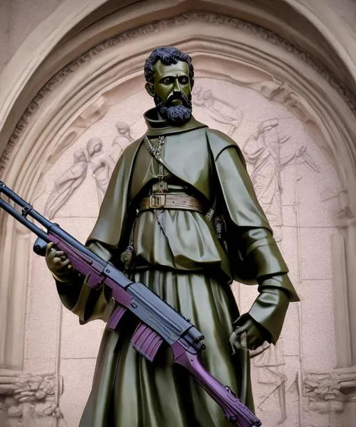 Prompt: St. Francis Xavier statue standing tall and heroic with a Dragunov SVD sniper in his arms. Color theme is purplish green.