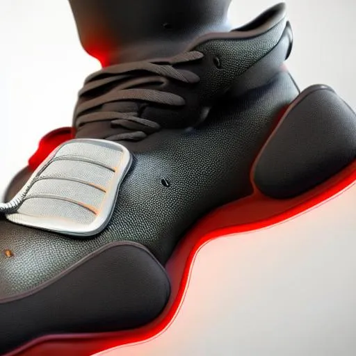 Prompt: realistic 8 k sculpture of 1 futuristic sneaker with neon illuminated rubber soles and soft violet shoelaces on a textured black surface, clean 3 d render, beautiful studio lighting, soft, sharp focus, cyberpunk, intricate detail, gold and red accents, soft rubber, octane render, trending on artstation, deviantart, art by syd mead