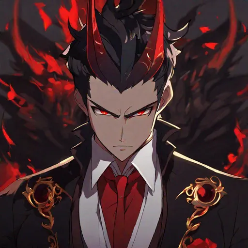 Prompt: Damien  (male, short black hair, red eyes) demon form, wearing a tuxedo, fighting, wearing a crown, angry look on his face
