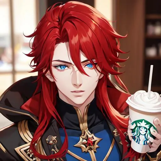 Prompt: Zerif 1male (Red side-swept hair covering his right eye, blue eyes), highly detailed face, in starbucks, adult. Handsome,  detailed, UHD, HD, 4K, highly detailed, red haze, masculine, anime style.