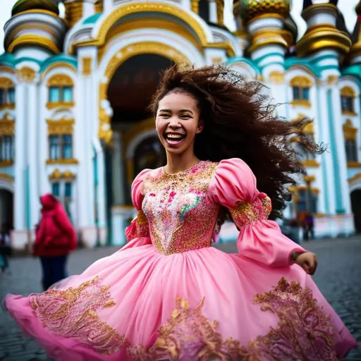 young woman of color in princess clothes joyous energy in russia