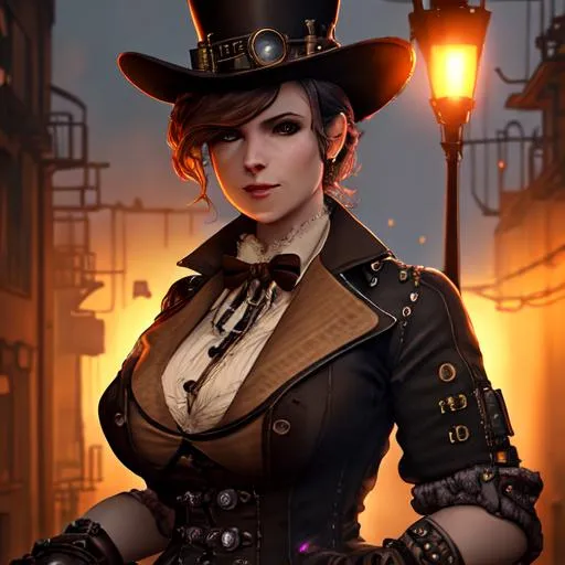 Prompt: strong woman, steampunk atmosphere, dim lights, night environment, outside in alleys, neno lights in background, lots of steam. High detail, close-up, 8k