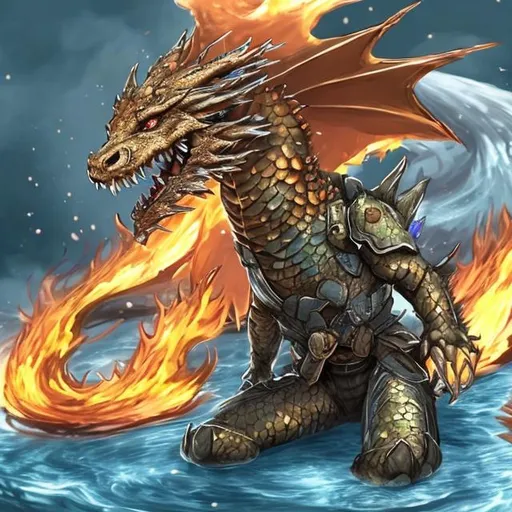 Prompt: war between fire dragons and water dragons but a dragon on the fire team is part water dragon